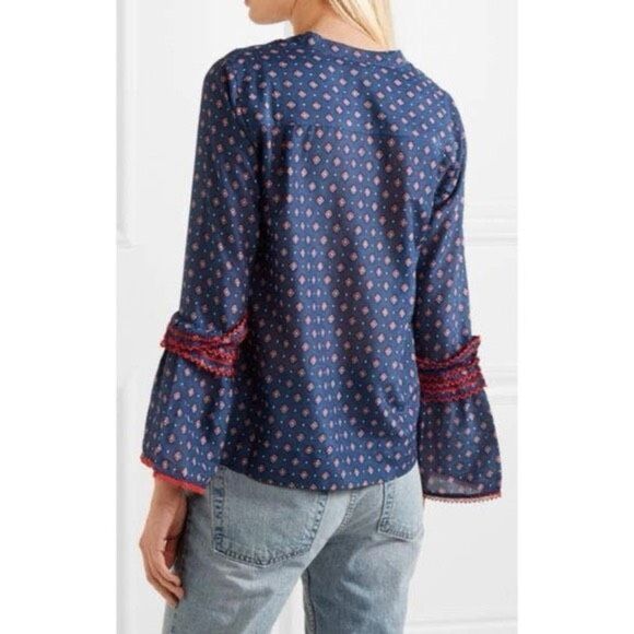 J. Crew Embroidered Blue & Red Long Bell-Sleeve Silk Blend Foulard Top Women's - Picture 2 of 11